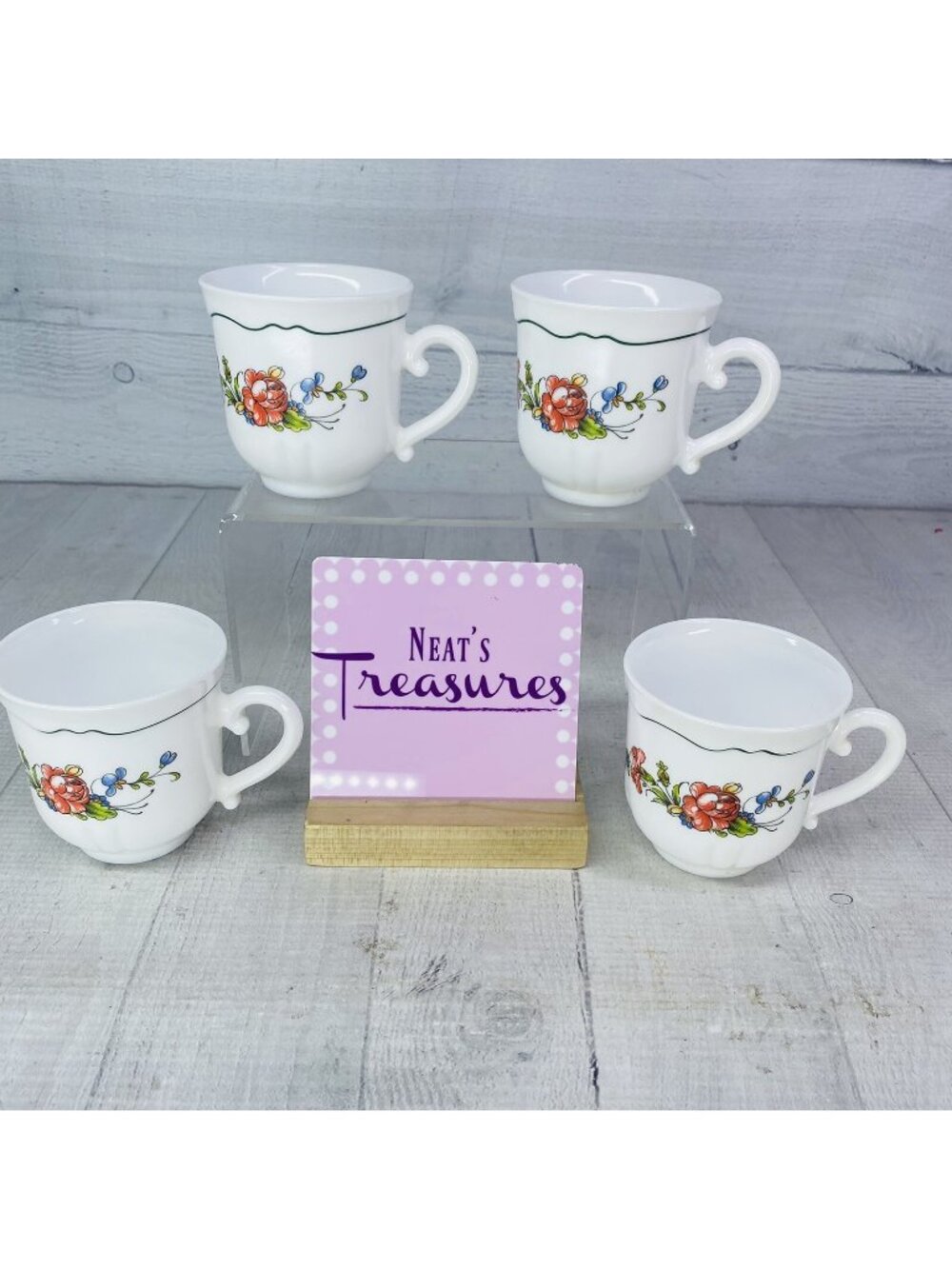 Arcopal PROVINCIAL Floral  Green Pinstripe Opal White Glass Footed 8oz Cup Set 4